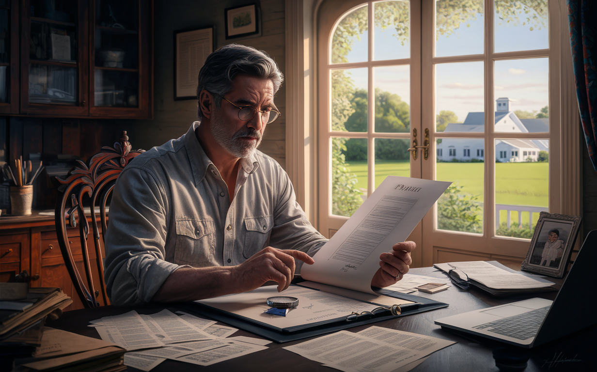 An elderly man reviewing paperwork related to an inherited property while sitting at a desk overlooking a countryside estate