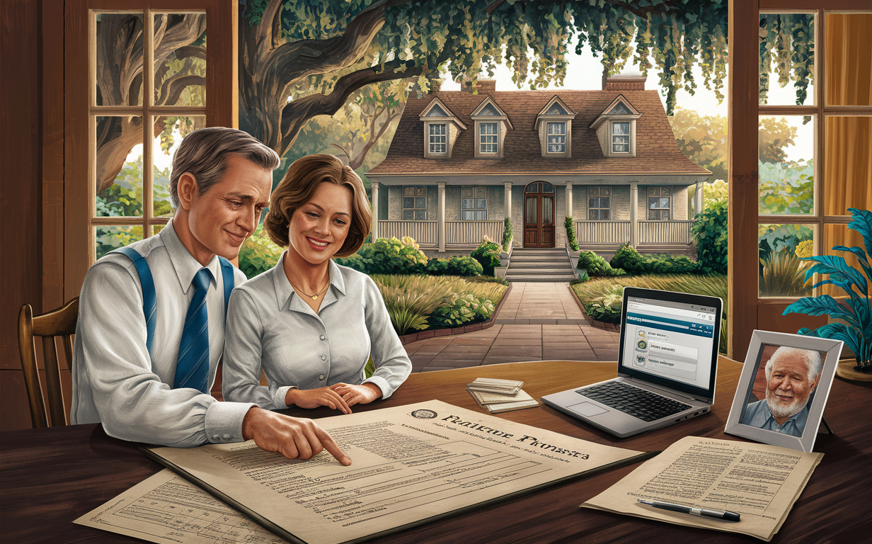 A couple reviewing legal documents and an online resource for inheriting property in Alabama, with a view of a traditional Southern home through the window.